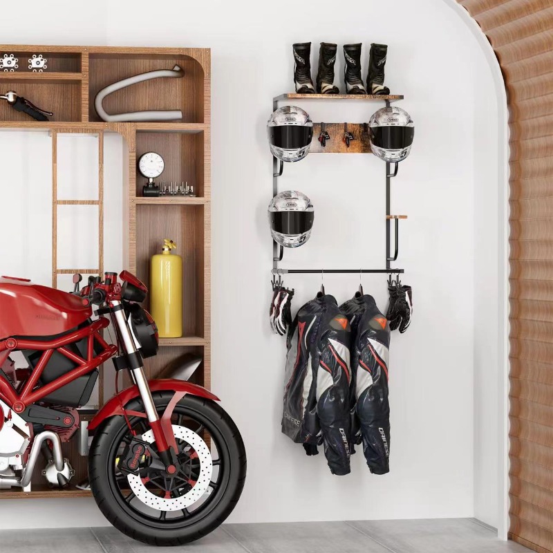 Motorcycle Gear Display Rack - Support mural en bois pour casque